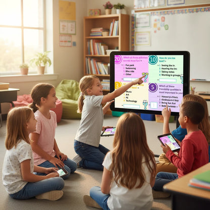 Digital Kim Designs 4 Corners Get to Know You game on a classroom screen with students interacting on tablets.