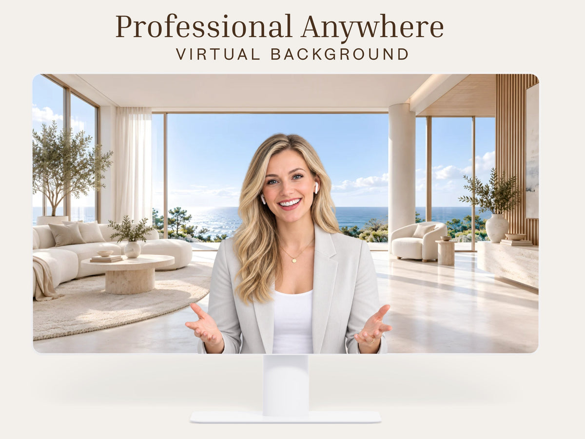 Digital Kim Designs panoramic coastal virtual background featuring a modern bright living room with ocean views.