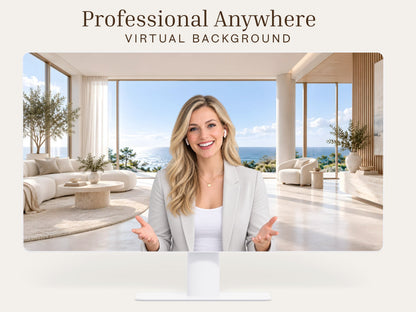 Digital Kim Designs panoramic coastal virtual background featuring a modern bright living room with ocean views.