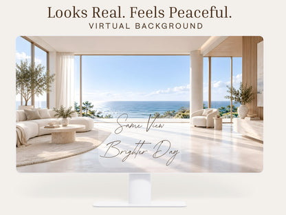 Digital Kim Designs panoramic coastal virtual background featuring a modern bright living room with ocean view