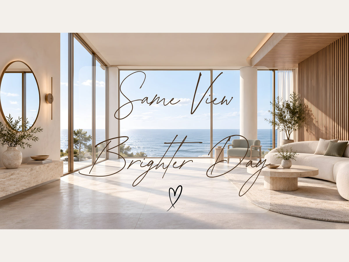 Digital Kim Designs luxury coastal virtual background featuring a bright ocean-view living room with neutral decor.