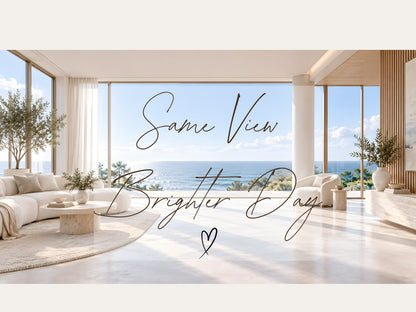 Digital Kim Designs panoramic coastal virtual background for Zoom featuring a modern living room with ocean views.