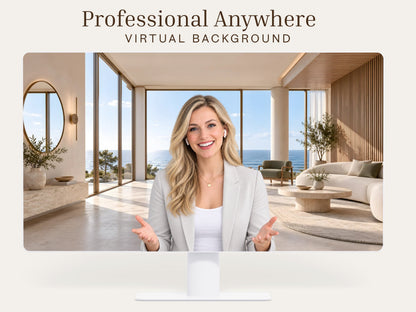 Digital Kim Designs luxury coastal virtual background featuring a bright ocean-view interior for professional meetings.