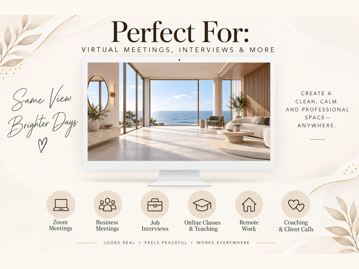 Digital Kim Designs luxury coastal virtual background displayed on a monitor for professional video meetings
