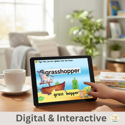 Digital Kim Designs compound word phonics activity on a tablet showing a grasshopper drag-and-drop exercise