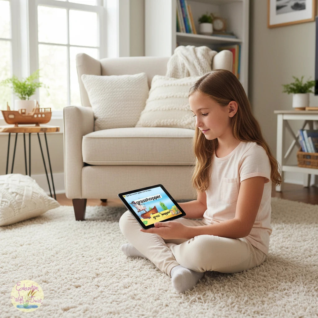 A young girl sitting on a rug using a tablet for Digital Kim Designs interactive compound word phonics activities.