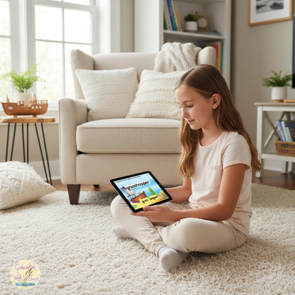 A young girl sitting on a rug using a tablet for Digital Kim Designs interactive compound word phonics activities.