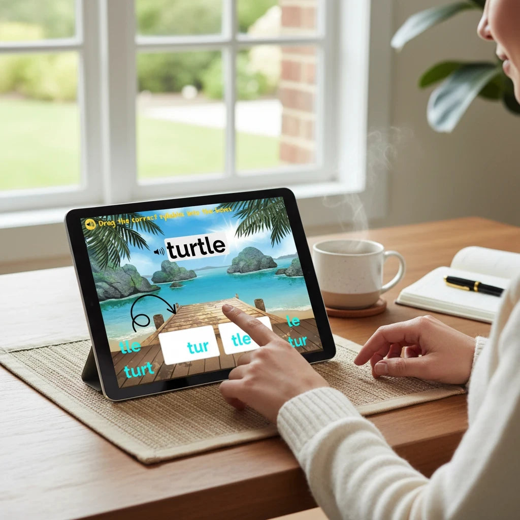 Digital Kim Designs consonant -le syllable division Boom Cards on a tablet showing a turtle word sorting activity