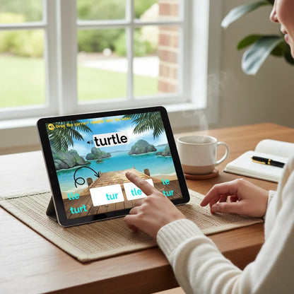 Digital Kim Designs consonant -le syllable division Boom Cards on a tablet showing a turtle word sorting activity