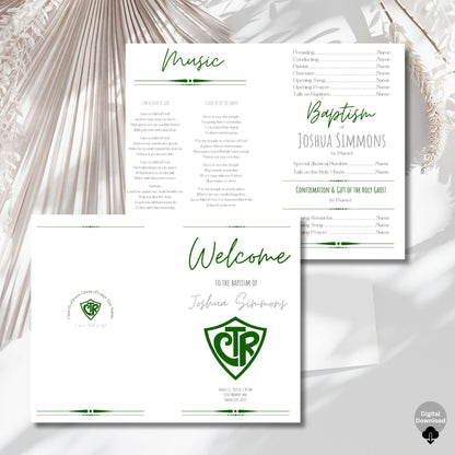 Digital Kim Designs editable green and white CTR baptism program template for boys featuring LDS ceremony details