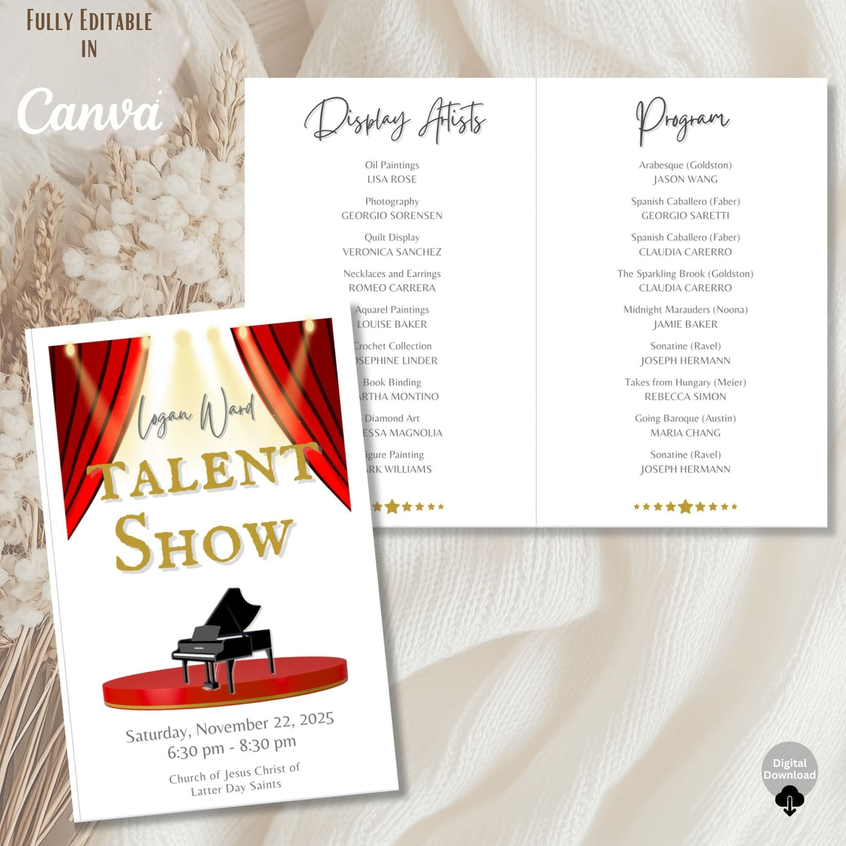 Digital Kim Designs editable Canva talent show program template with red stage curtains and grand piano illustration