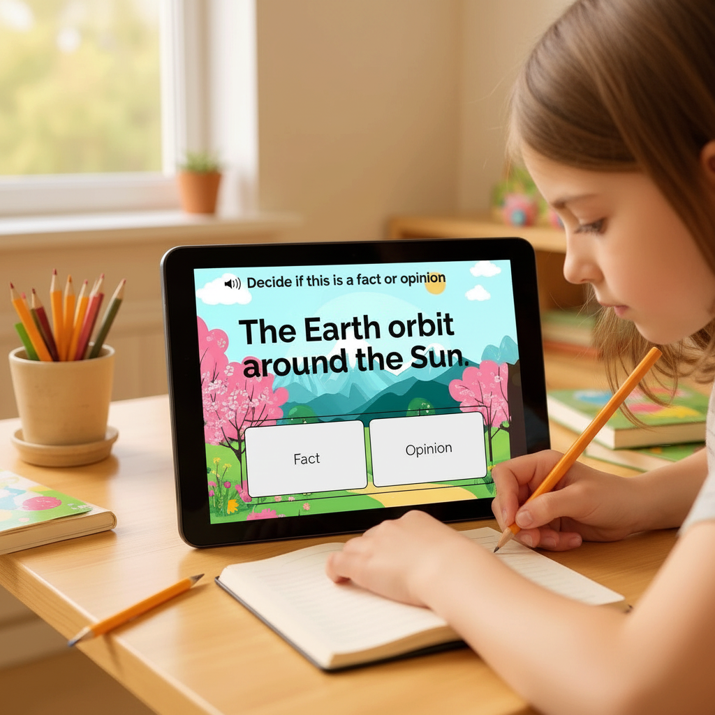 Digital Kim Designs Boom Cards bundle on a tablet showing a student practicing fact or opinion ELA exercises