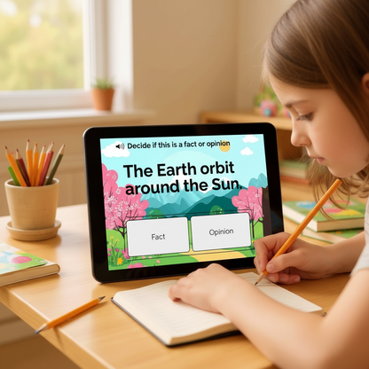 Digital Kim Designs Boom Cards bundle on a tablet showing a student practicing fact or opinion ELA exercises