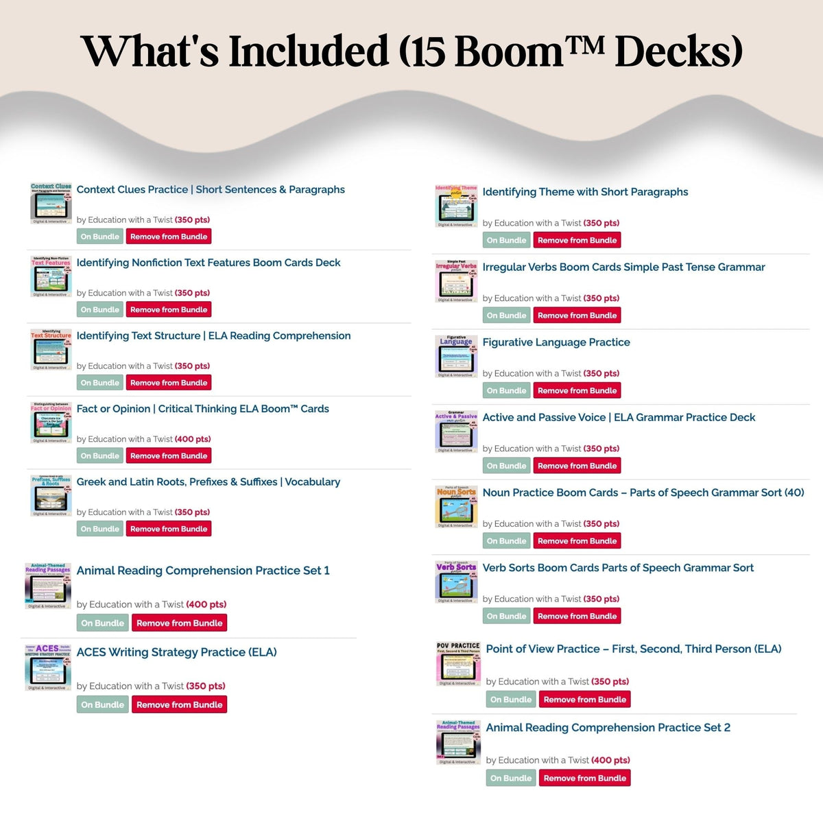 Digital Kim Designs bundle of 15 interactive Boom Cards decks for upper elementary ELA reading and grammar practice.