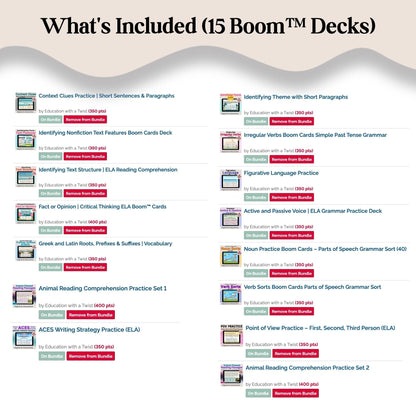 Digital Kim Designs bundle of 15 interactive Boom Cards decks for upper elementary ELA reading and grammar practice.