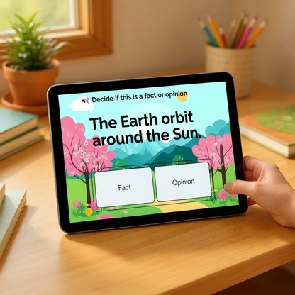 Digital Kim Designs Boom Cards bundle showing a fact or opinion interactive reading activity on a tablet screen.