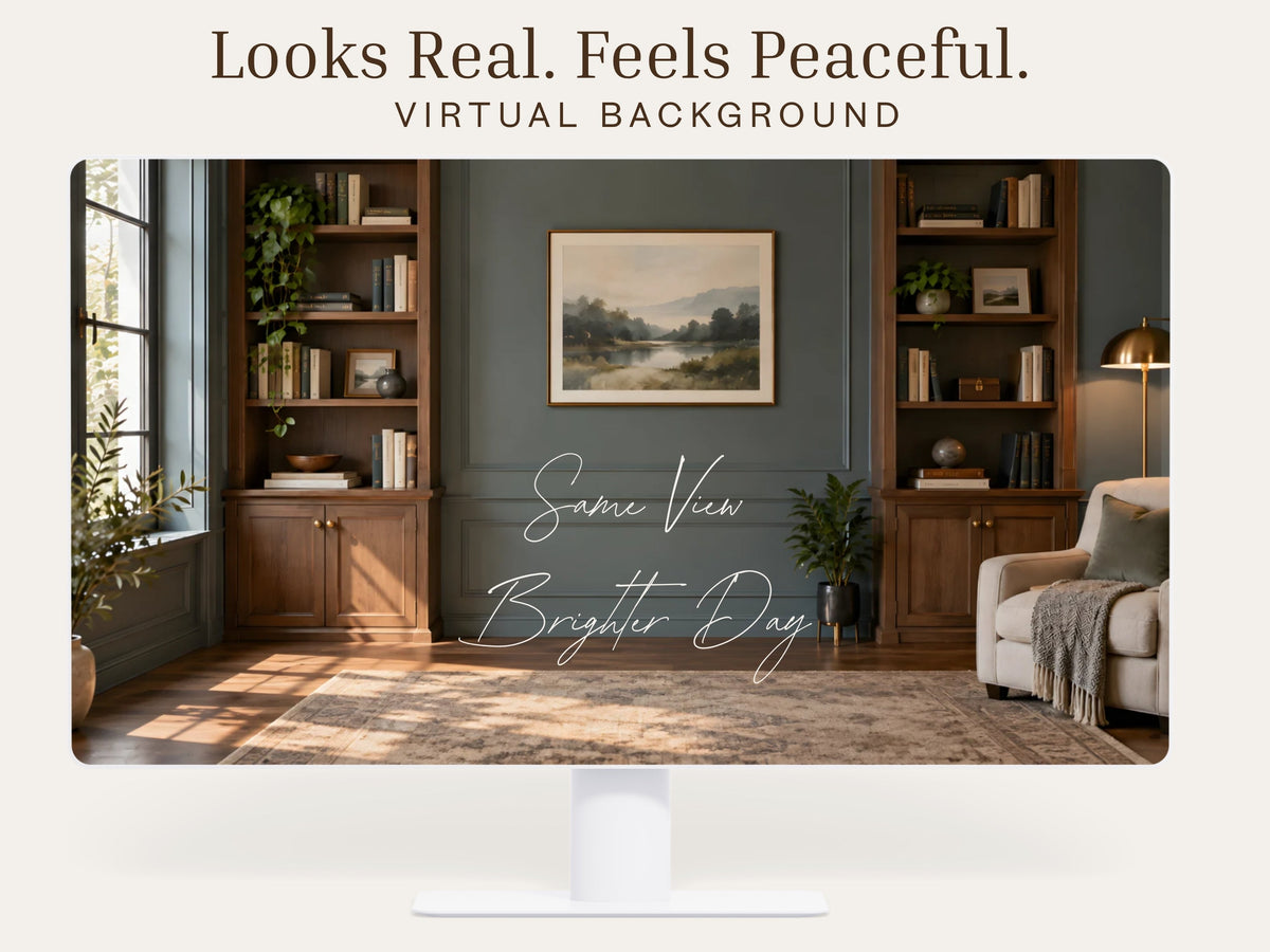 Digital Kim Designs executive library virtual background with wood bookshelves, blue-gray walls, and warm lighting.