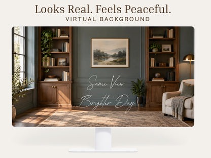 Digital Kim Designs executive library virtual background with wood bookshelves, blue-gray walls, and warm lighting.