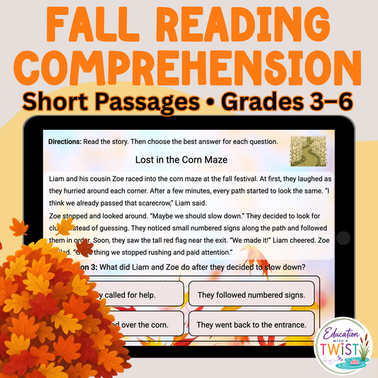 Digital Kim Designs fall reading comprehension Boom Cards on a tablet screen with a short story about a corn maze