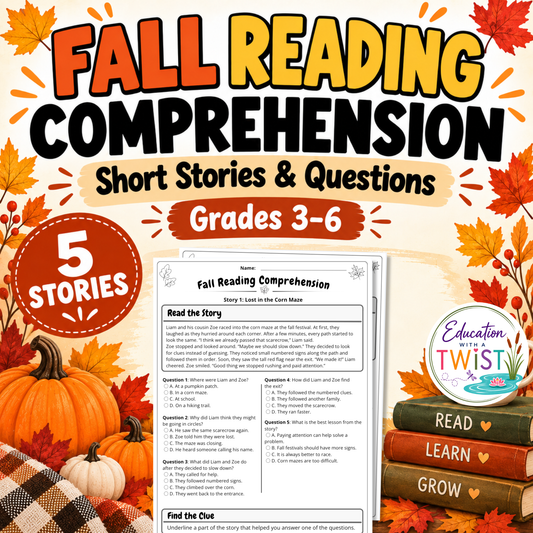 Digital Kim Designs fall reading comprehension worksheet featuring a short story about a corn maze for grades 3-6.