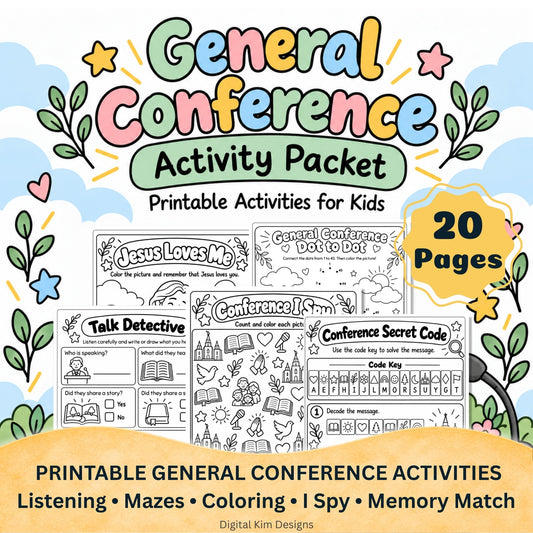 Digital Kim Designs October 2026 General Conference activity packet for kids featuring puzzles, coloring, and games.