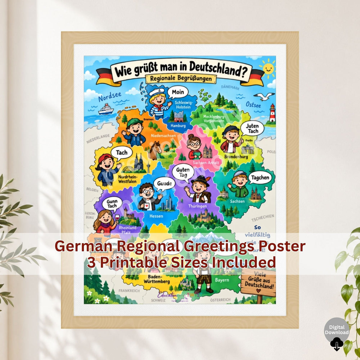 Digital Kim Designs colorful German map poster showing regional greetings for beginner language learners
