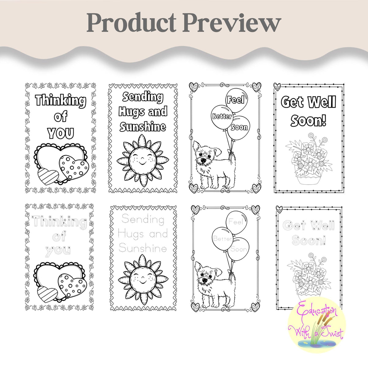 Digital Kim Designs printable get well coloring cards with letter tracing options for students and kids