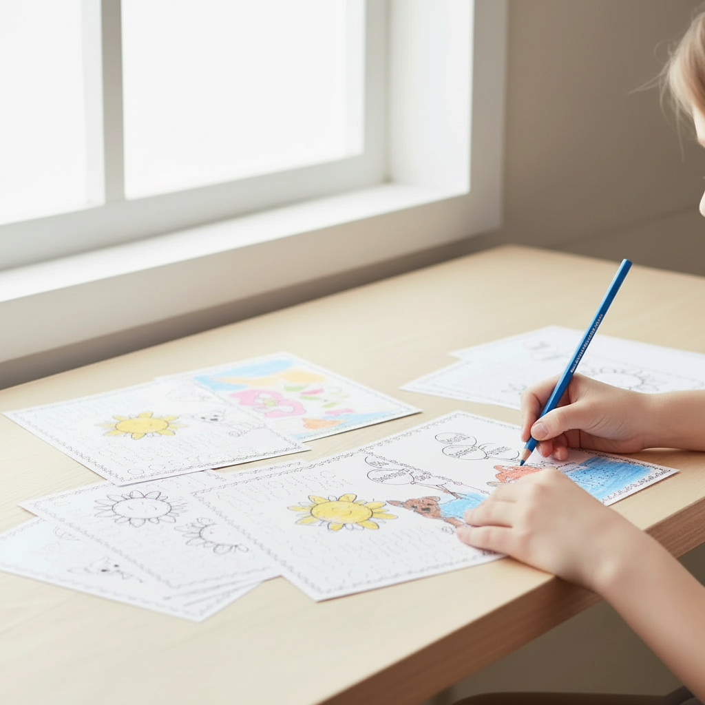 Digital Kim Designs printable get well coloring cards with letter tracing being colored by a child at a desk