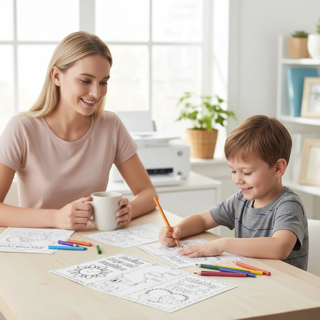 Digital Kim Designs get well coloring cards with letter tracing being colored by a young boy with his mother nearby.