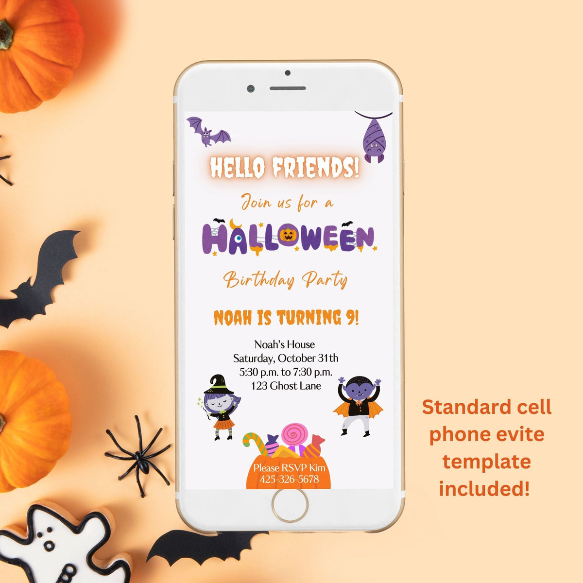 Digital Kim Designs editable Halloween birthday invitation template displayed on a smartphone screen.