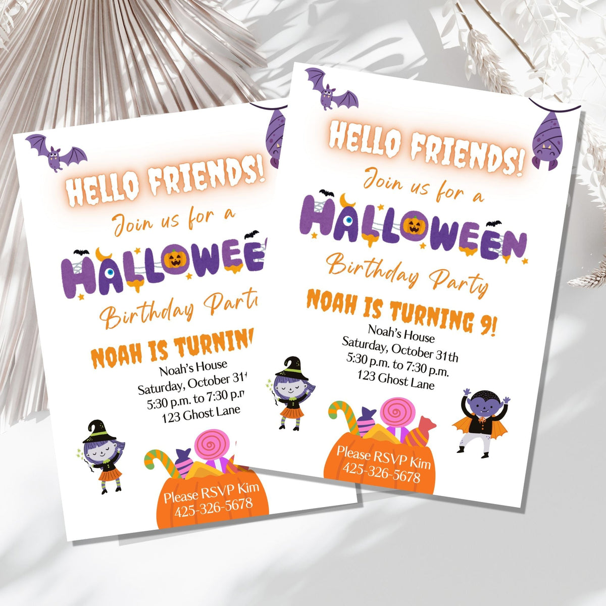Digital Kim Designs editable Halloween birthday party invitation template featuring cute cartoon characters and candy.