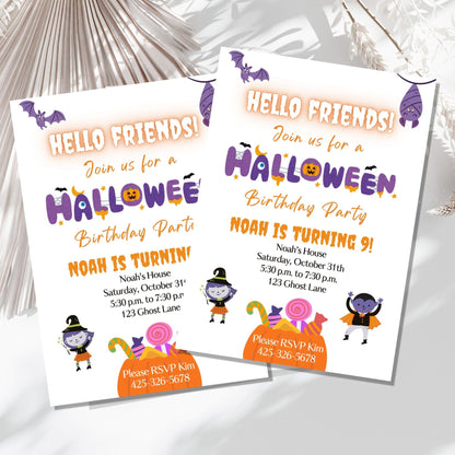 Digital Kim Designs editable Halloween birthday party invitation template featuring cute cartoon characters and candy.