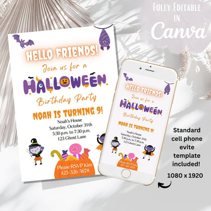Digital Kim Designs editable Halloween birthday party invitation template for print and mobile phone evite