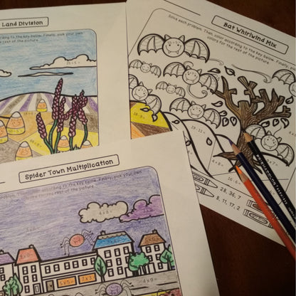 Digital Kim Designs Halloween math coloring sheets featuring multiplication and division problems with spooky themes.