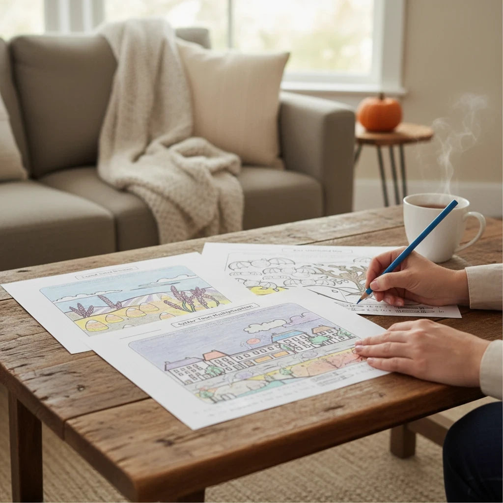 Digital Kim Designs Halloween math coloring sheets featuring multiplication and division activities on a wooden table.