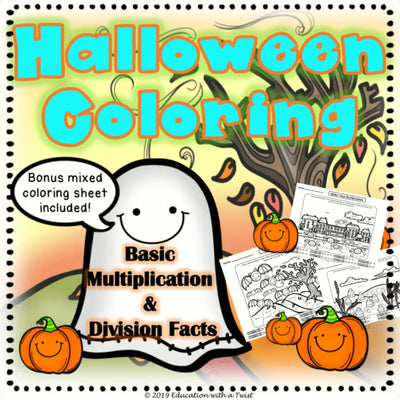 Digital Kim Designs Halloween math coloring sheets featuring a ghost, pumpkins, and multiplication and division tasks.
