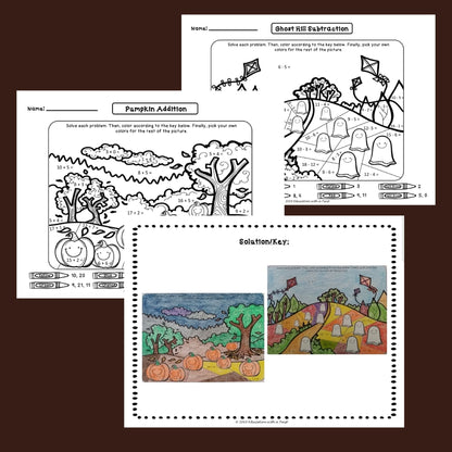 Digital Kim Designs Halloween math coloring worksheets featuring addition and subtraction problems for 1st-3rd grade.