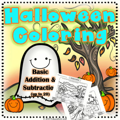 Digital Kim Designs Halloween math coloring worksheets featuring addition and subtraction practice for elementary students