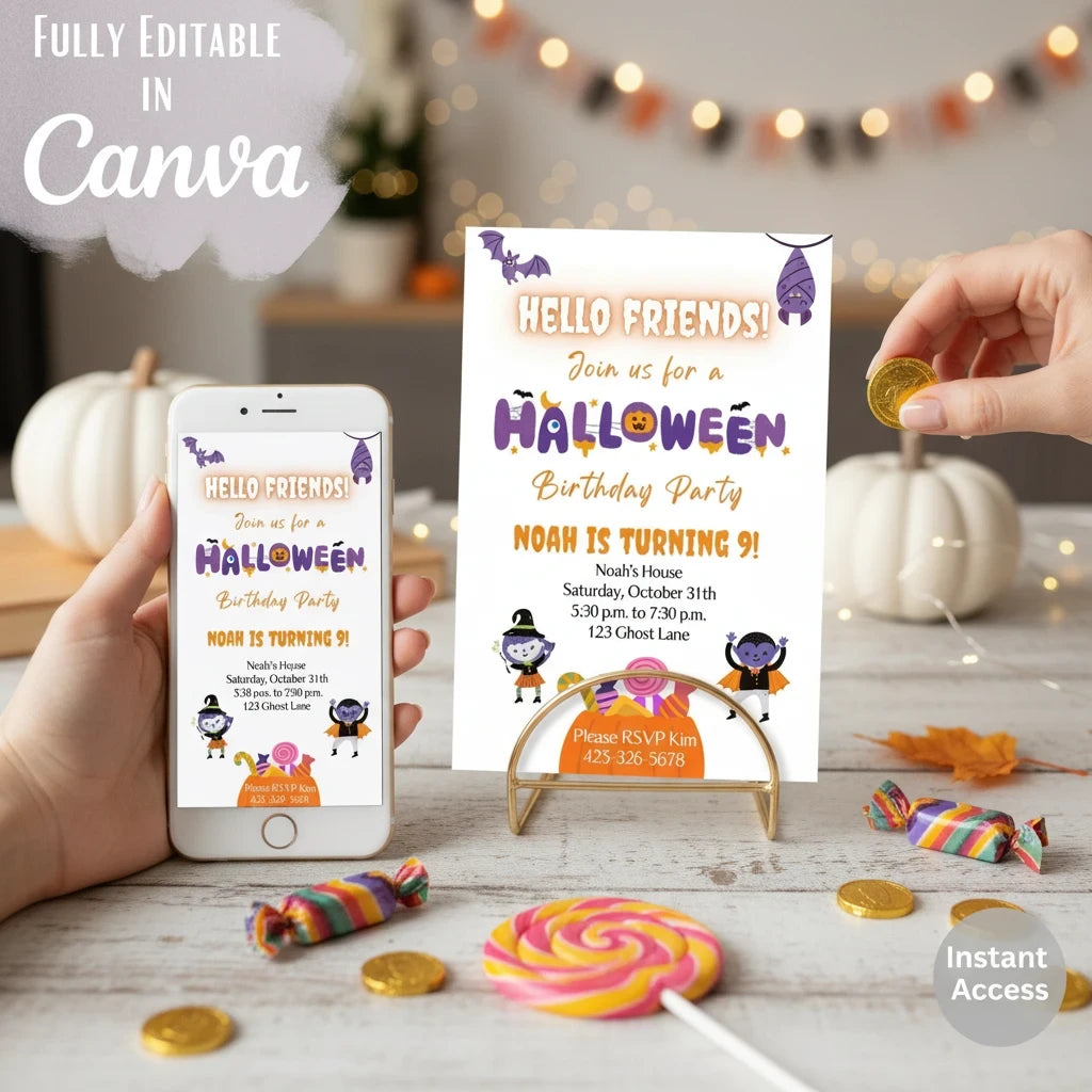 Digital Kim Designs editable Halloween birthday invitation template shown on a smartphone and a printed 5x7 card.