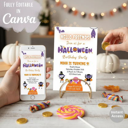 Digital Kim Designs editable Halloween birthday invitation template shown on a smartphone and a printed 5x7 card.