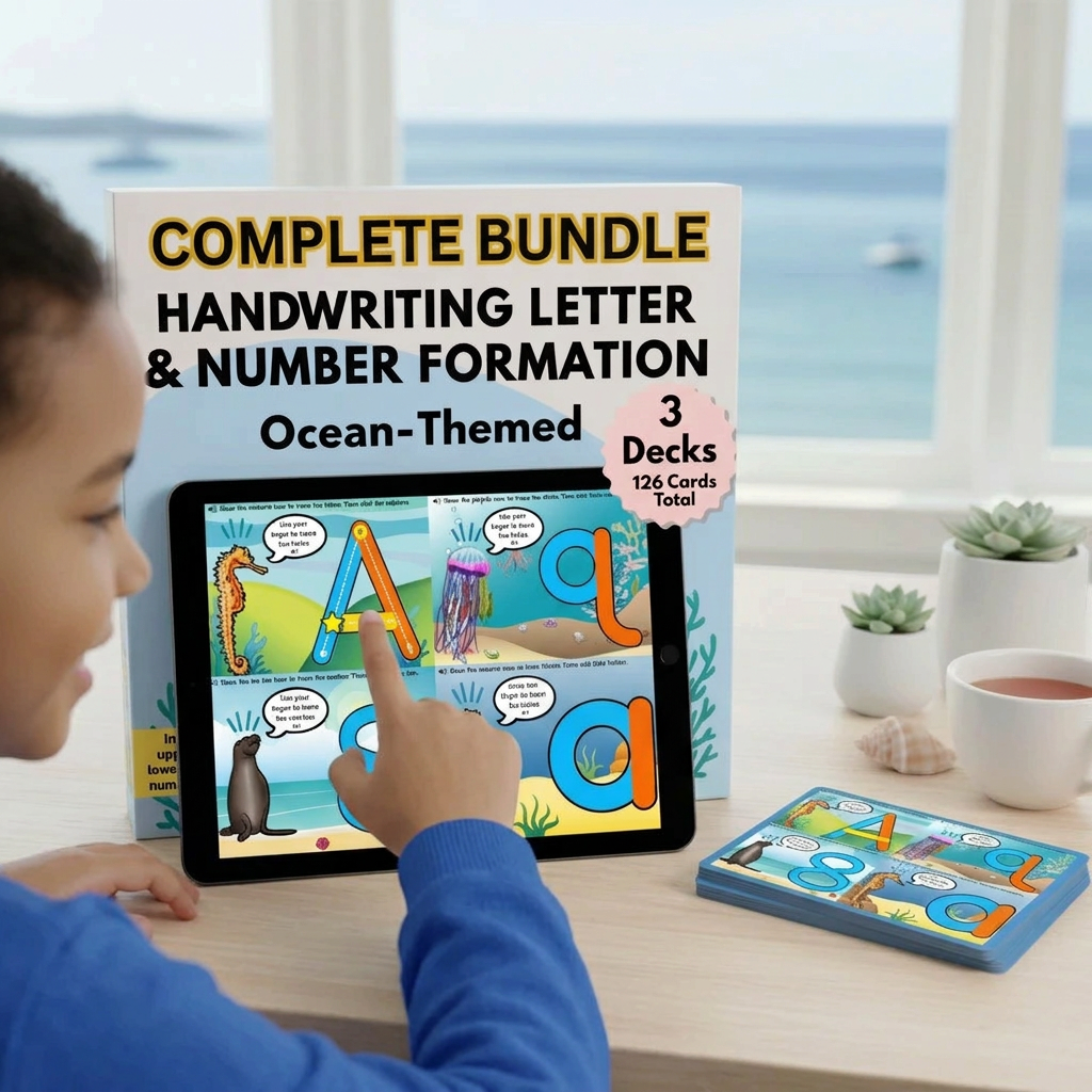 Digital Kim Designs ocean-themed handwriting bundle with interactive tablet activities for letter and number formation.