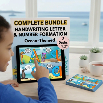Digital Kim Designs ocean-themed handwriting bundle with interactive tablet activities for letter and number formation.