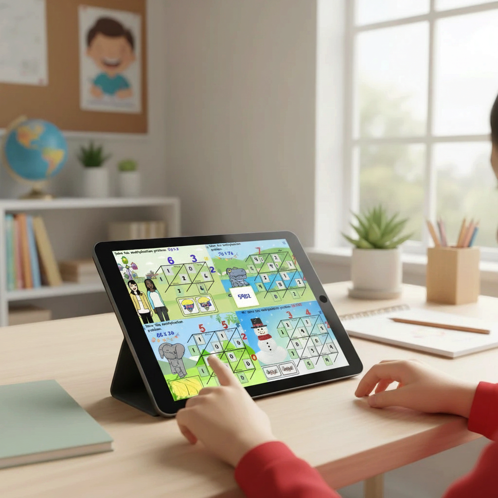Digital Kim Designs Lattice Multiplication Boom Cards on a tablet screen showing interactive math problems for kids.
