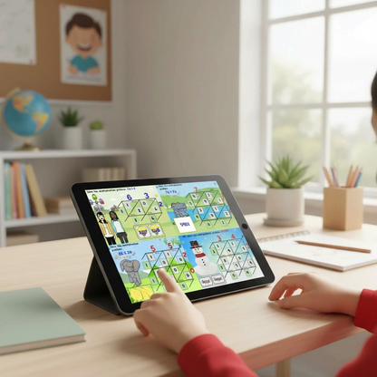 Digital Kim Designs Lattice Multiplication Boom Cards on a tablet screen showing interactive math problems for kids.