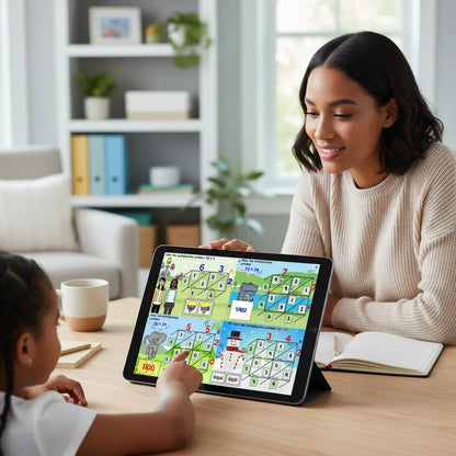 Digital Kim Designs lattice multiplication Boom Cards on a tablet being used by a teacher and student for math practice.