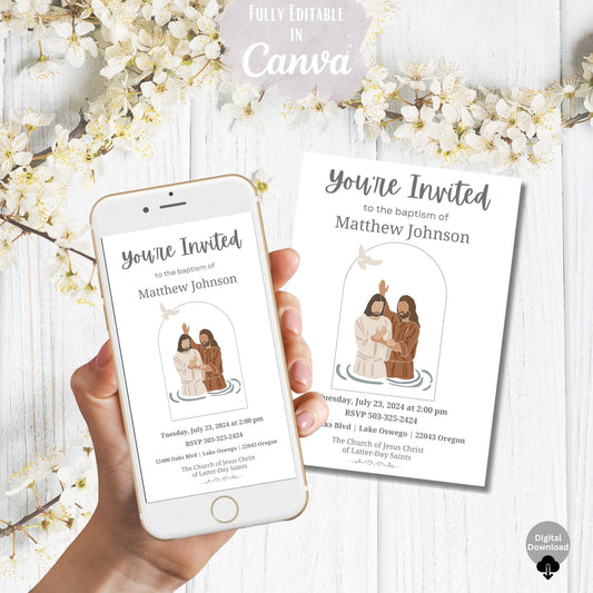 Digital Kim Designs editable LDS baptism invitation template shown on a smartphone and as a 5x7 printable card.
