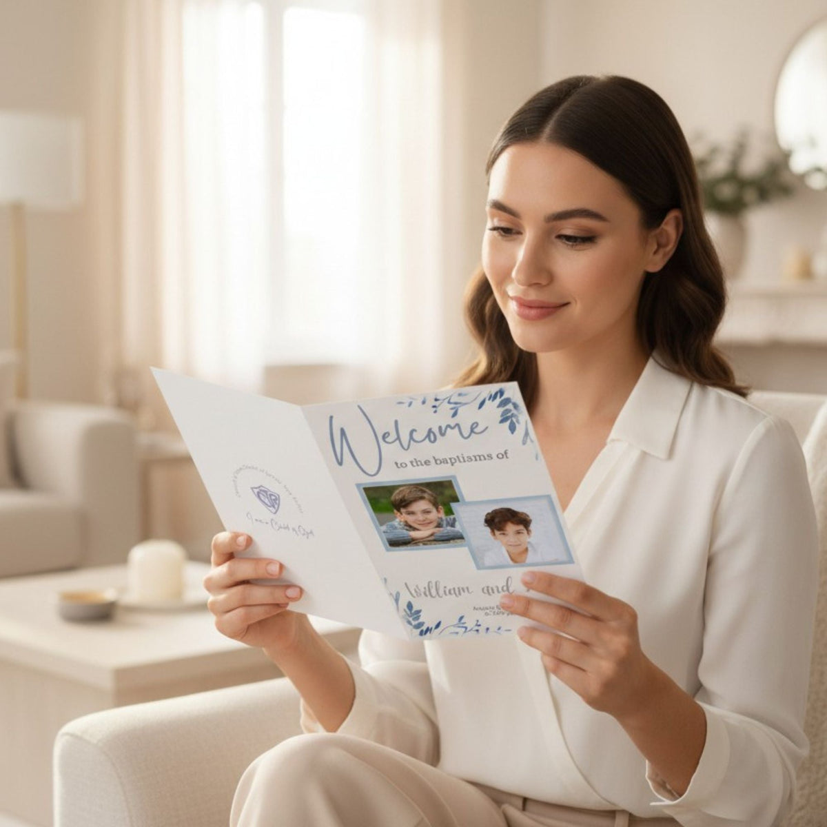 Digital Kim Designs editable LDS baptism program template for two boys held by a woman in a bright living room.