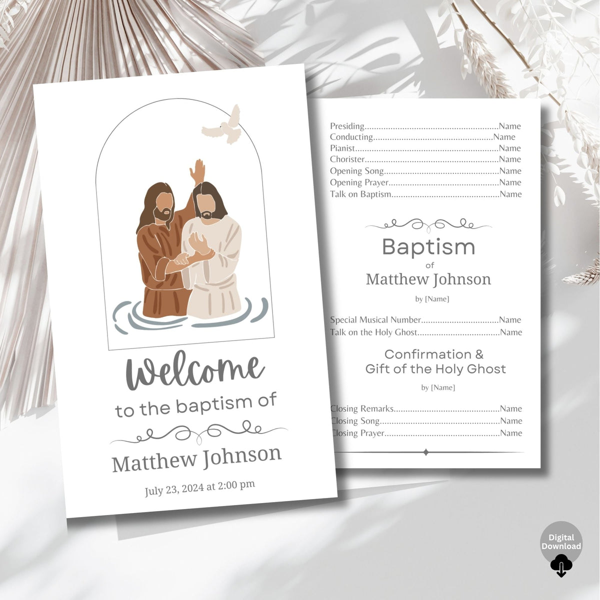 Digital Kim Designs LDS baptism program and welcome sign template featuring an illustration of Christ being baptized