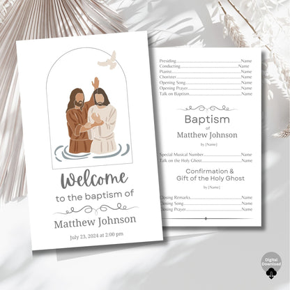 Digital Kim Designs LDS baptism program and welcome sign template featuring an illustration of Christ being baptized