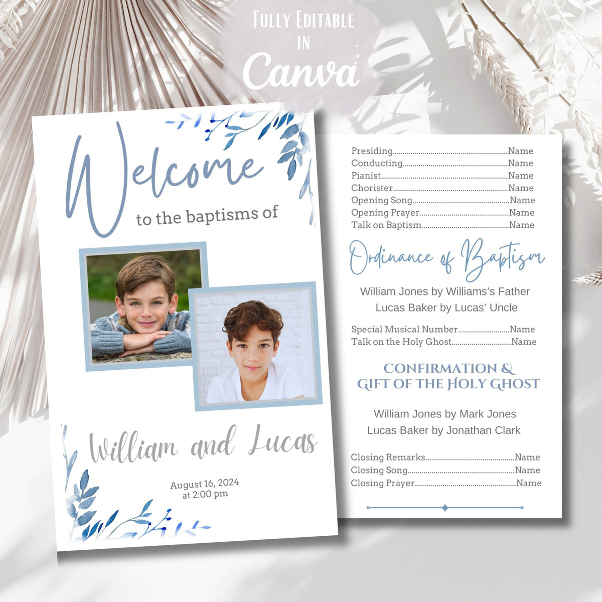 Digital Kim Designs editable LDS baptism program template for two boys featuring blue floral accents and photo slots